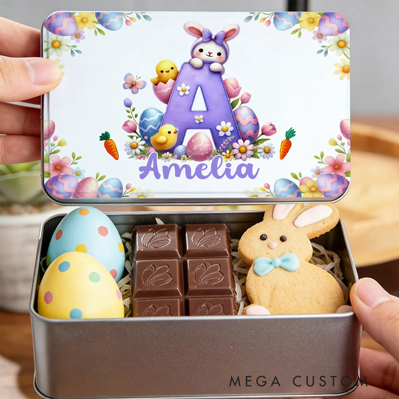 Personalized Cute Cartoon Bunny Easter Eggs Food Grade Metal Biscuit Tin Storage Box with Name Easter Gift for Family Kids