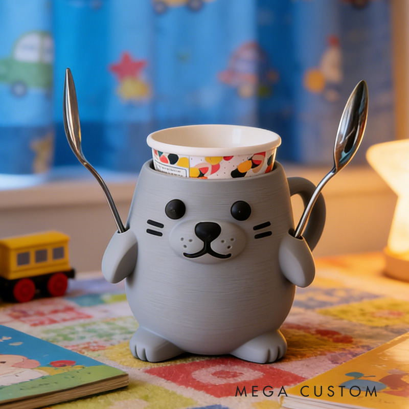 Personalized Animal Theme Custom Name Cute Seal Shape Ice Cream Holder Fun Kitchen 3D Printed Cozy with Spoon Slot