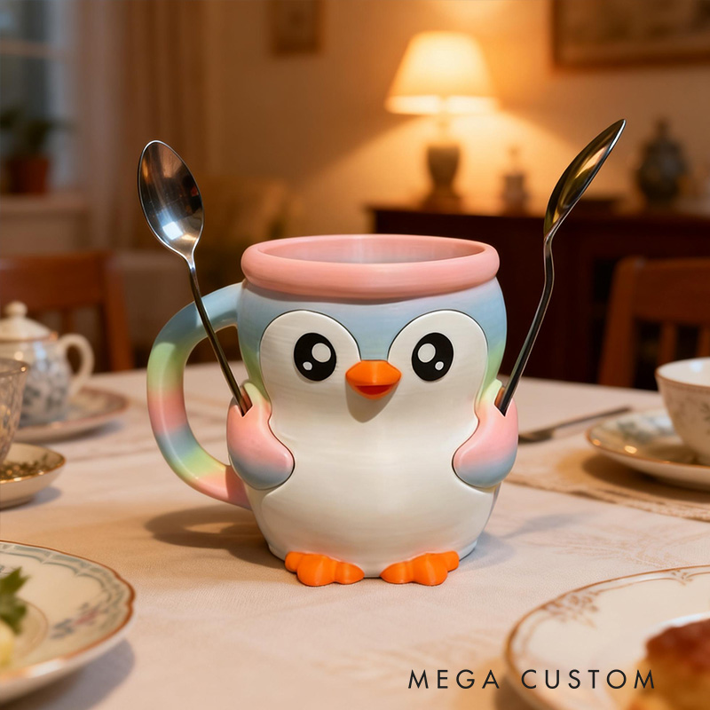 Personalized Cartoon Theme Custom Name Adorable Pink Penguin Dessert Cup Stand 3D Printed Cozy with Spoon Slot