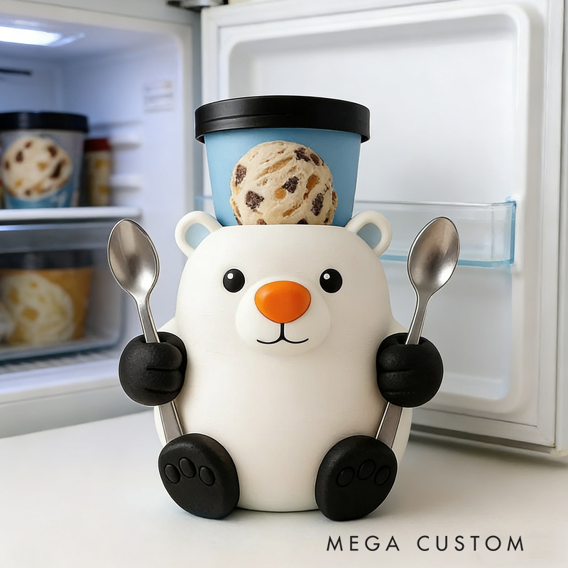 Personalized Winter Theme Custom Name Adorable White Bear Dessert Cup Stand 3D Printed Cozy with Spoon Slot