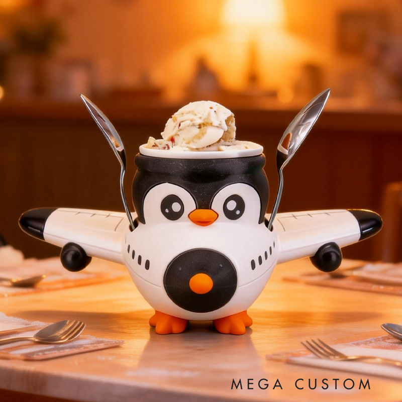 Cute Penguin Flying a Plane Ice Cream Pint Holder 3D Printed Cozy with Spoon Slot Easter Gifts