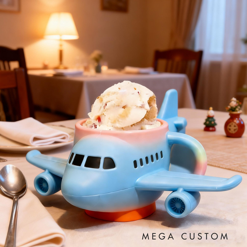 Personalized Airplane Theme Custom Name Cute Blue Plane Shape Ice Cream Holder 3D Printed Cozy with Spoon Slot