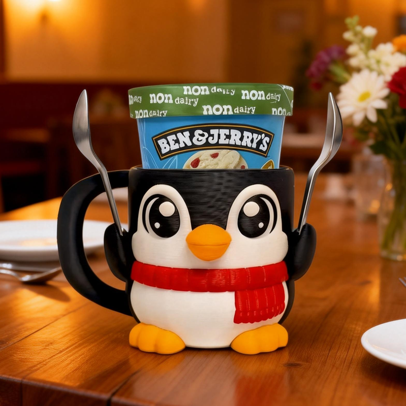 Cute Penguins Wearing Scarves Ice Cream Pint Holder 3D Printed with 2 Spoon Slots Cozy Birthday Gifts for Kids