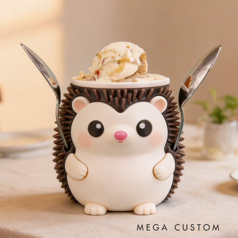 Cute Hedgehog Ice Cream Pint Holder 3D Printed with 2 Spoon Slots Cozy Birthday Gifts for Kids