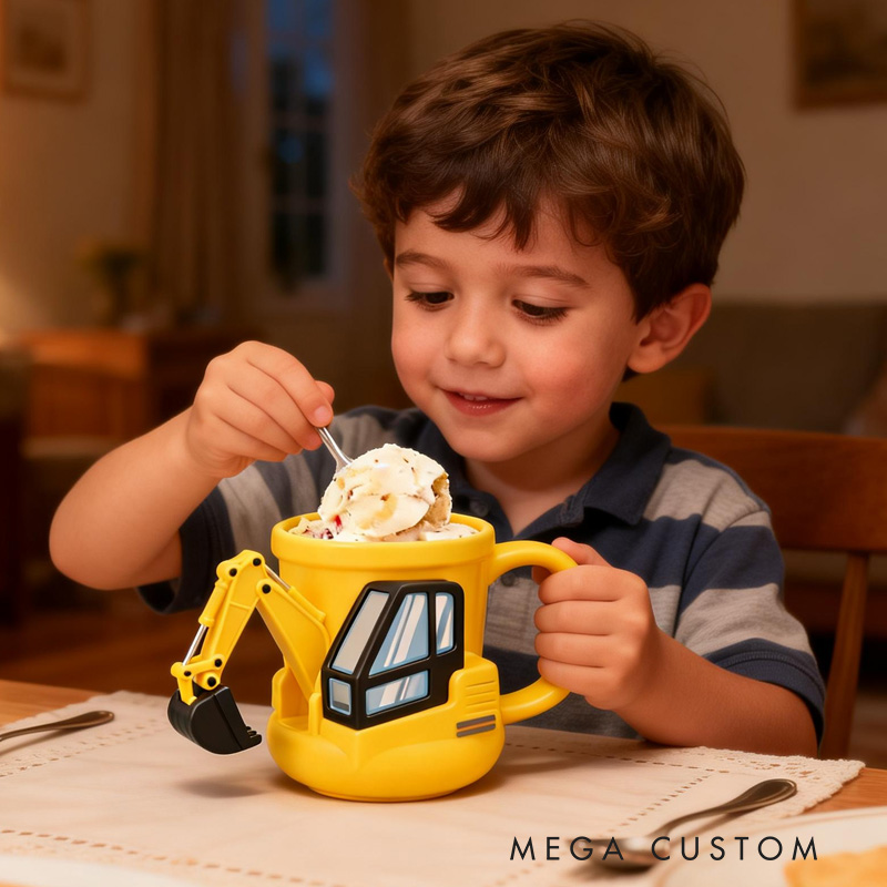 Personalized Construction Theme Custom Name Cute Yellow Excavator Ice Cream Holder 3D Printed Cozy with Spoon Slot