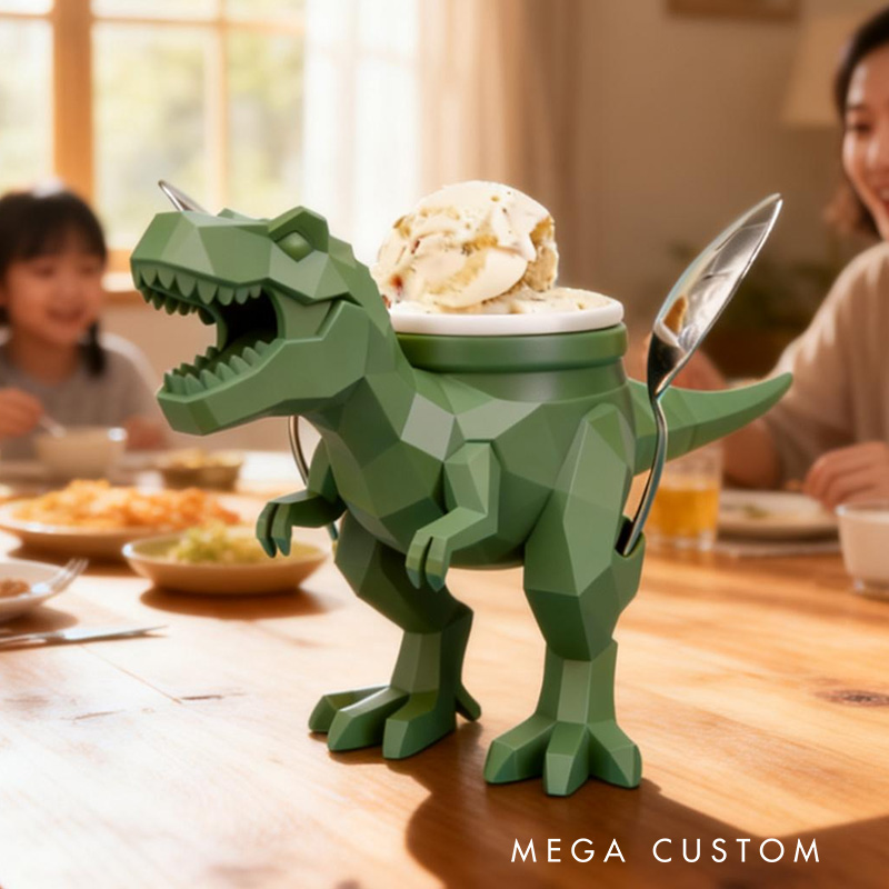 Personalized Dinosaur Theme Custom Name Cool Green T Rex Ice Cream Holder 3D Printed Cozy with Spoon Slot