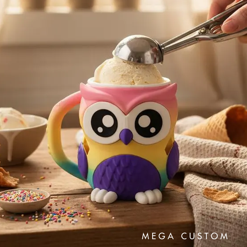 Cartoon Colorful Owl Ice Cream Pint Holder 3D Printed with 2 Spoon Slots Cozy Birthday Gifts for Kids