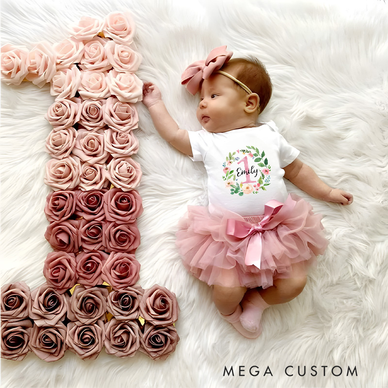 Personalized First Birthday Baby Tutu Skirt with Your Name Floral Birthday Gift Newborn Gift