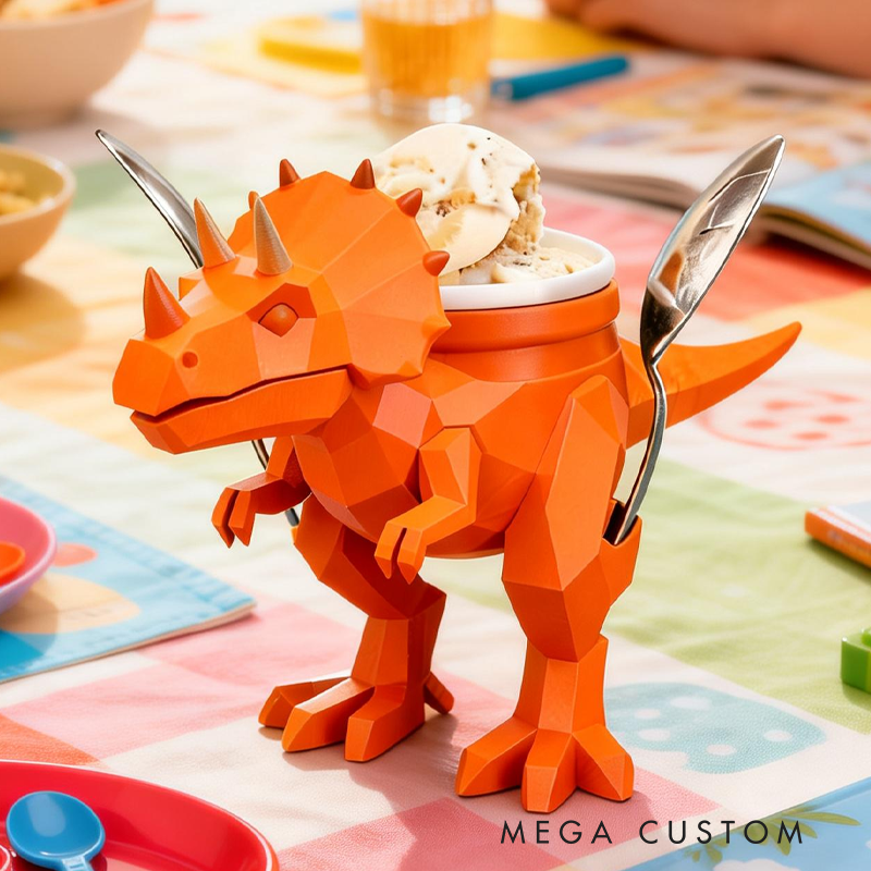 Cool Orange Dinosaur Ice Cream Pint Holder 3D Printed with 2 Spoon Slots Cozy Birthday Gifts for Kids