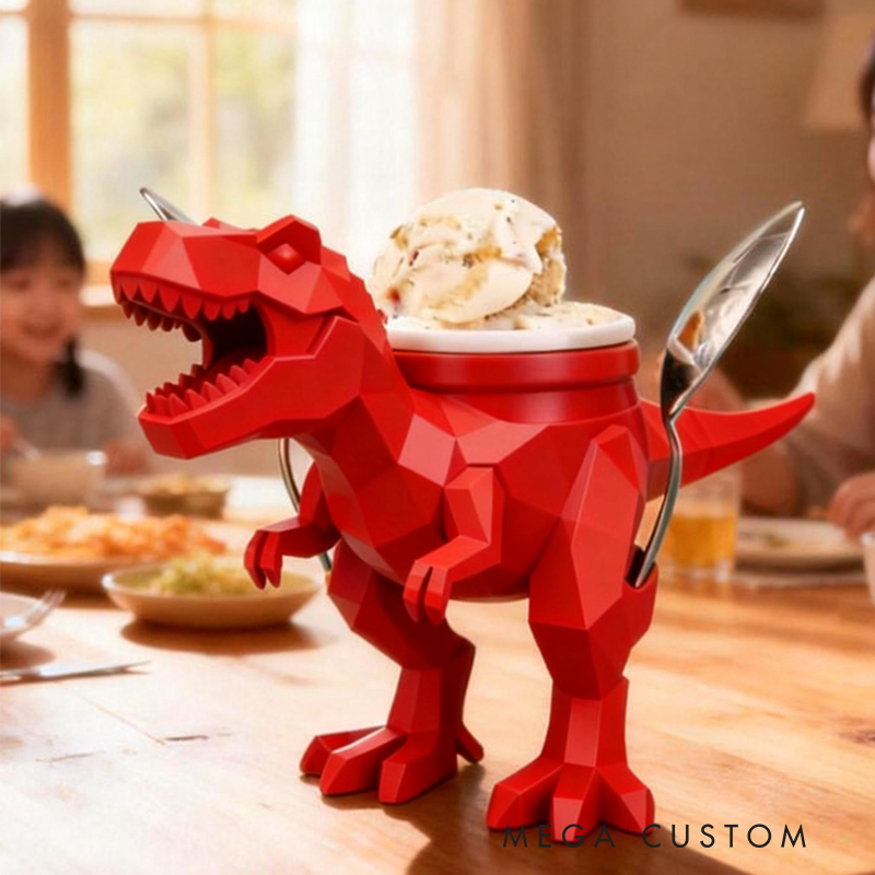 Personalized Dinosaur Theme Custom Name Cool Green T Rex Ice Cream Holder 3D Printed Cozy with Spoon Slot