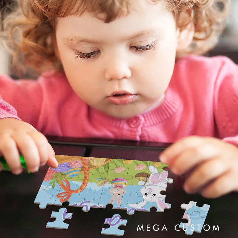 Personalized Floral Easter Eggs Cute Bunny 35 Pieces Puzzle with Name Holiday Basket Stuffers Easter Party Birthday Gift for Boys Girls