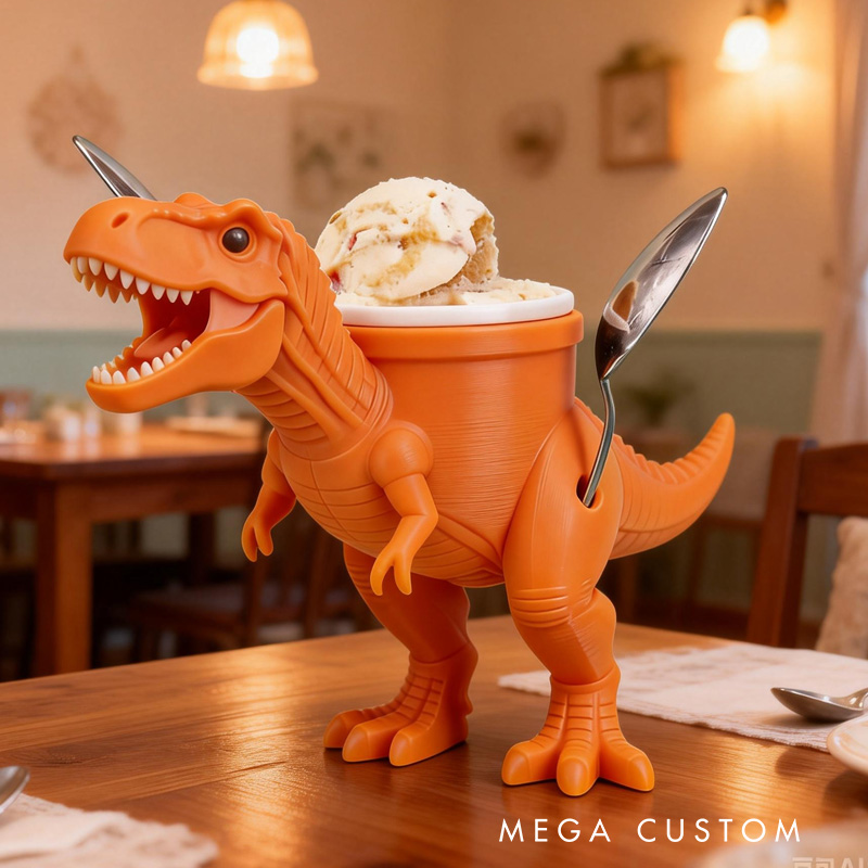 Personalized Dinosaur Theme Custom Name Cool Orange T Rex Ice Cream Holder 3D Printed Cozy with Spoon Slot