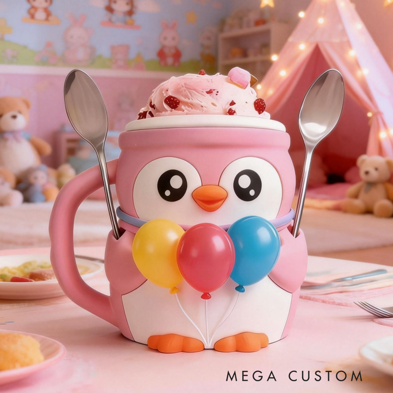 Personalized Party Theme Custom Name Adorable Penguin with Balloons Dessert Stand 3D Printed Cozy with Spoon Slot