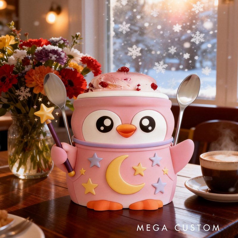 Personalized Night Theme Adorable Penguin with Moon and Stars Stand 3D Printed Cozy with Spoon Slot