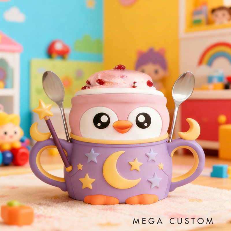 Personalized Night Theme Adorable Penguin with Moon and Stars Stand 3D Printed Cozy with Spoon Slot