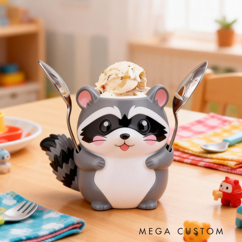 Cute Cartoon Raccoon Ice Cream Pint Holder 3D Printed with 2 Spoon Slots Cozy Birthday Gifts for Kids