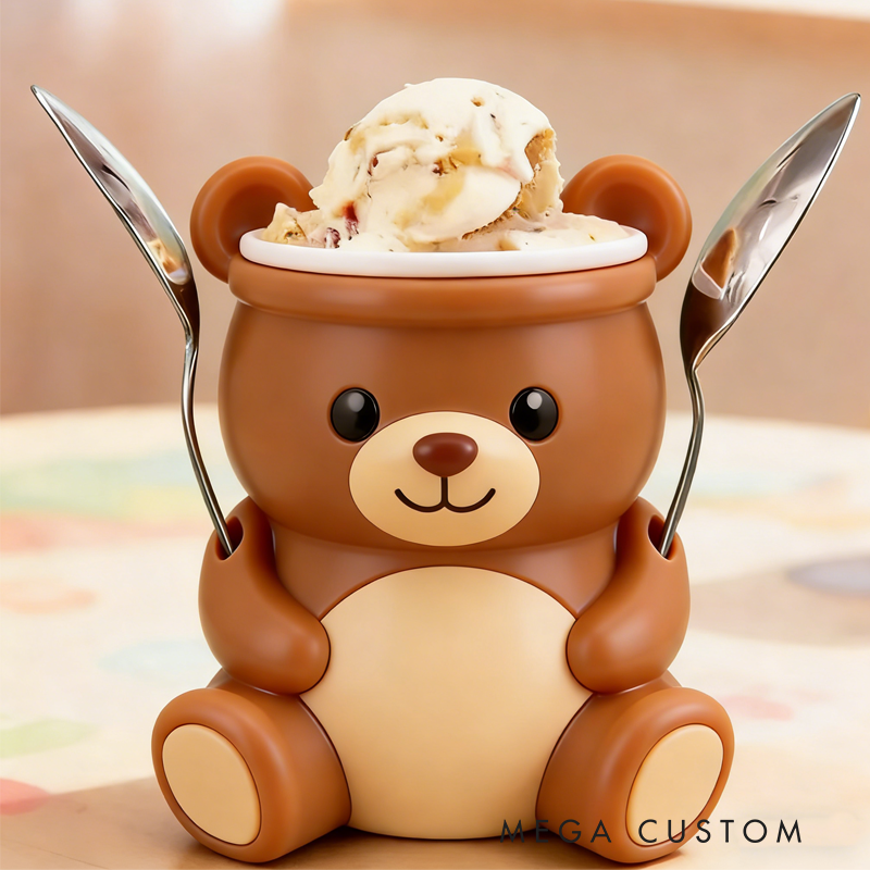 Cute Brown Bear Ice Cream Pint Holder 3D Printed with 2 Spoon Slots Cozy Birthday Gifts for Kids
