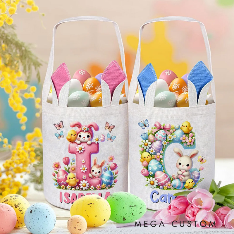 Personalized Cartoon Easter Bunny Ears Large Capacity Basket with Name and Initial Easter Eggs Hunting Party Easter Gift for Kids