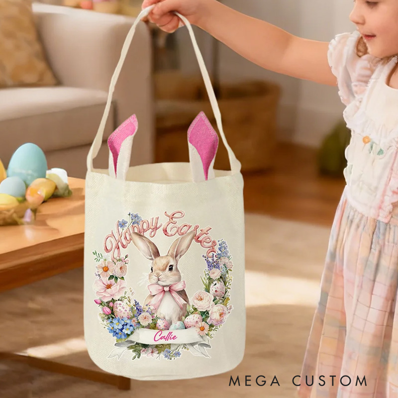 Personalized Wreath Cartoon Rabbit Easter Basket with Name and Bunny Ears Egg Hunting Accessory Easter Gift for Kids