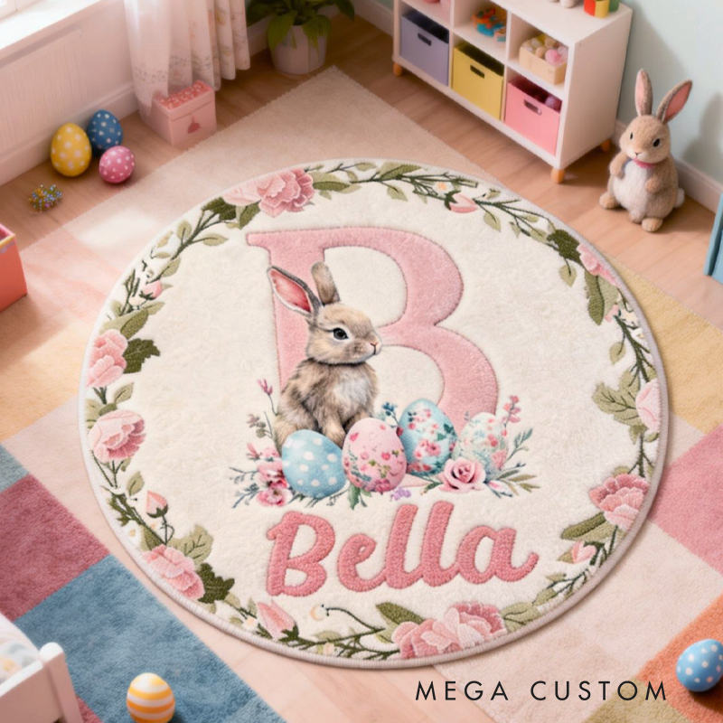 Personalized Easter Retro Bunny Rug with Name Home Decor Easter Gift for Kids
