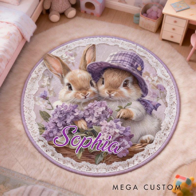 Personalized Spring Floral Bunny Rug with Name Home Decor Easter Gift for Kids