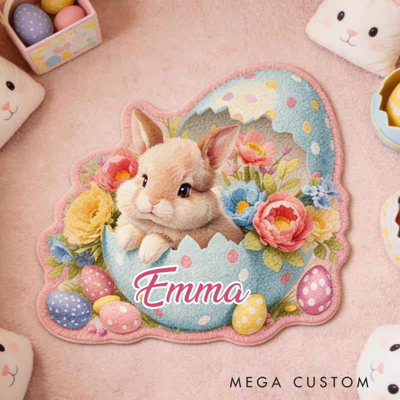 Personalized Cute Easter Bunnies and Eggs Rug with Name Home Decor Easter Gift for Kids