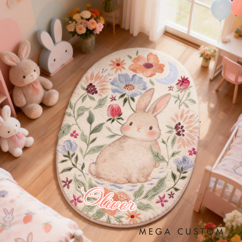 Personalized Unique Custom Name Adorable Rabbit Surrounded by Flowers Bedroom Carpet Rug for Kids