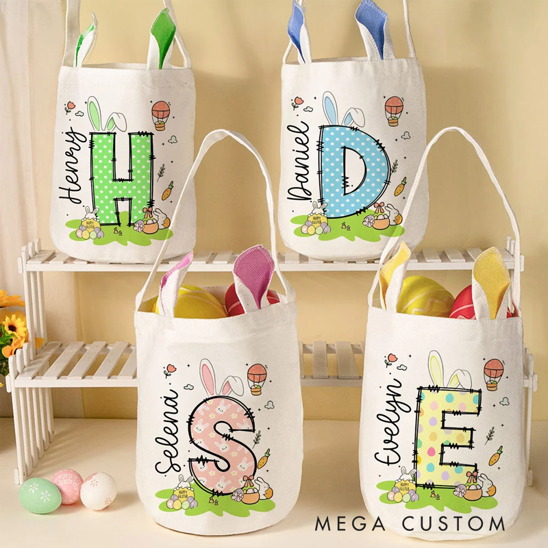 Personalized Easter Bunny Carrot Eggs Large Capacity Basket with Name and Initial Easter Eggs Hunting Party Favors Gift for Boys Girls