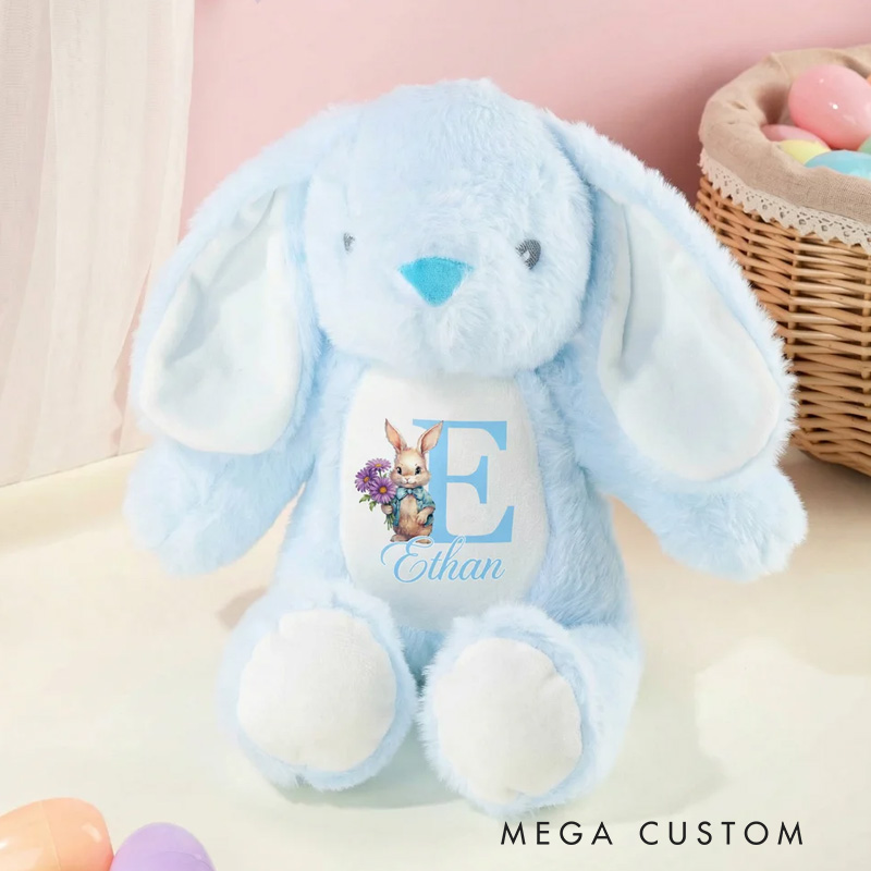 Personalized Cute Rabbit Plush Easter Bunny Stuffed Toy with Initial Name and Birth Flower Easter Gift for Newborns Kids