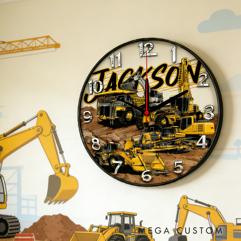 Personalized Unique Custom Name Heavy Equipment Builder Style Boys Bedroom Decor 3D Printed Wall Clock