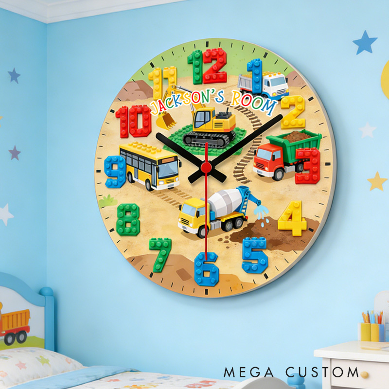 Personalized Unique Custom Name Building Blocks Vehicle Theme Boys Bedroom Decor 3D Printed Wall Clock