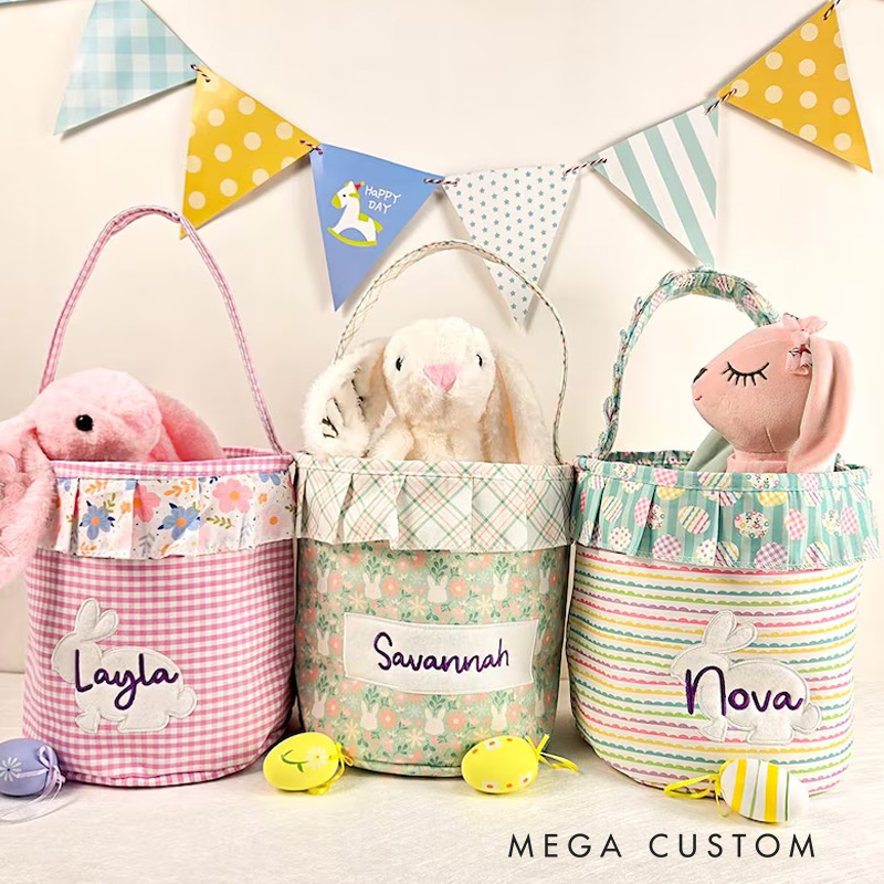 Personalized Unique Custom Name Adorable Rabbit Surrounded by Flowers Kids Holiday Treat Holder Easter Basket