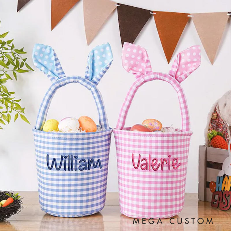 Personalized Unique Custom Name Gingham Bunny Ear Design Holiday Treat Holder Easter Basket