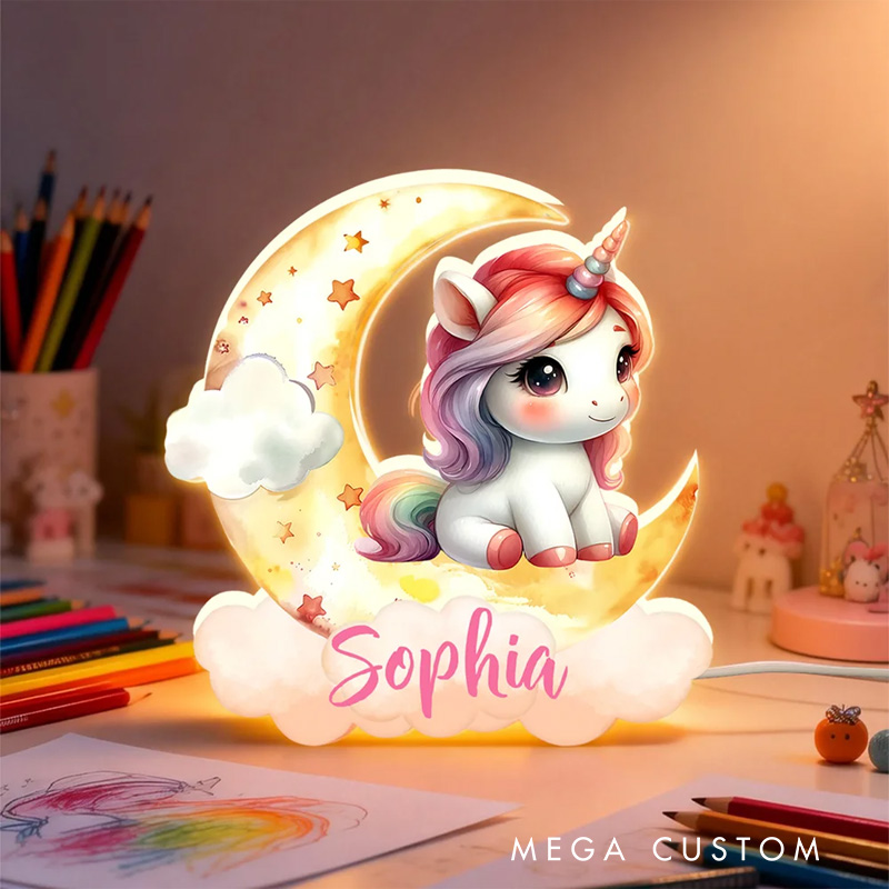 Personalized Fantasy Rainbow Horse Dreamy Moon Clouds Acrylic LED Night Light with Name Nursery Decor Birthday Baby Shower Gift for Girls