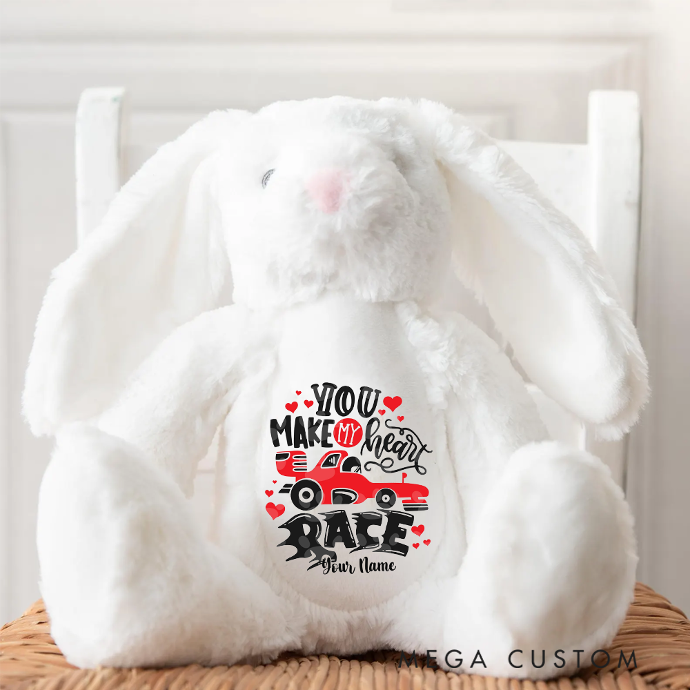 Personalized Racing Bunny Plush Custom Gift for Easter Valentine’s Day and Car Enthusiasts