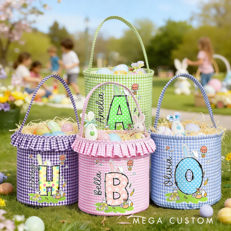 Personalized Cute Bunny Initial Flower Plaid Easter Basket with Name Easter Egg Hunt Easter Gift for Boys Girls