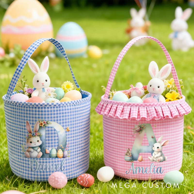 Personalized Cute Bunny Gradient Color Initial Plaid Easter Basket with Name and Ruffles Eggs Hunting Party Easter Gift for Kids