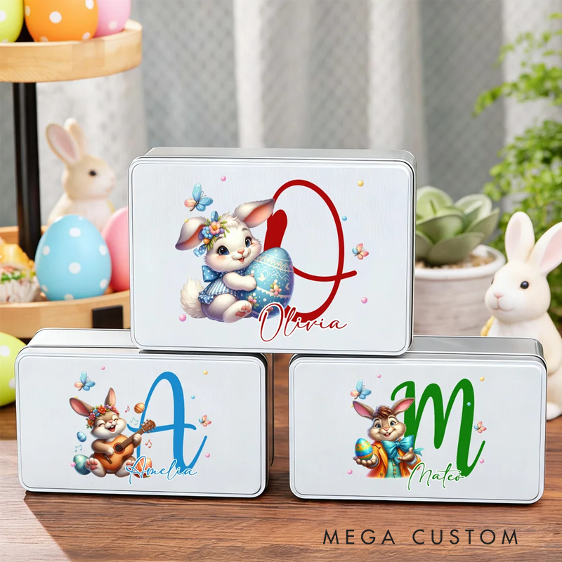Personalized Easter Bunny Eggs Food Grade Metal Biscuit Tin Storage Box with Name and Initial Easter Holiday Gift for Family Kids