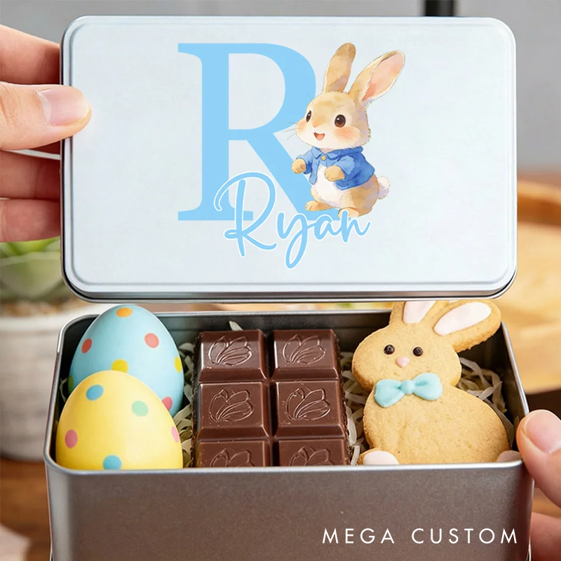 Personalized Cute Cartoon Rabbit Initial Biscuit Tin Storage Box with Name Easter Party Gift for Kids Family