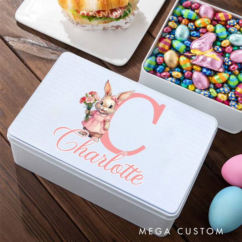 Personalized Birth Flower Cute Bunny Easter Biscuit Tin Box with Name and Initial Easter Party Easter Gift for Children