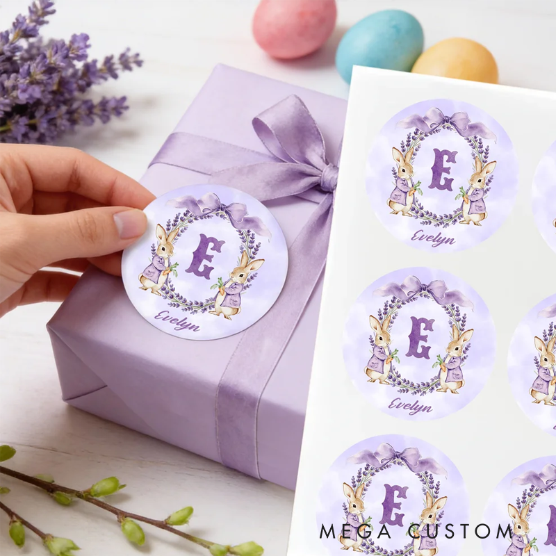 Personalized Cute Flower Peter Rabbit Set of 2 Easter Waterproof Stickers Labels with Name and Initial Easter Day Decor Party Favors for Family Kids