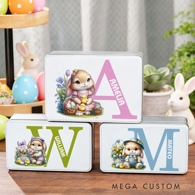 Personalized Cute Bunny Flowers Easter Eggs Initial Food Grade Metal Biscuit Tin Storage Box with Name Easter Holiday Gift for Family Kids