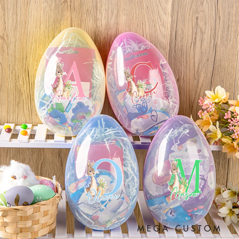 Personalized Cute Peter Rabbit Bunny Initial Fillable Jumbo Easter Egg with Name Holiday Basket Stuffers Easter Birthday Party Favors Gift for Kids
