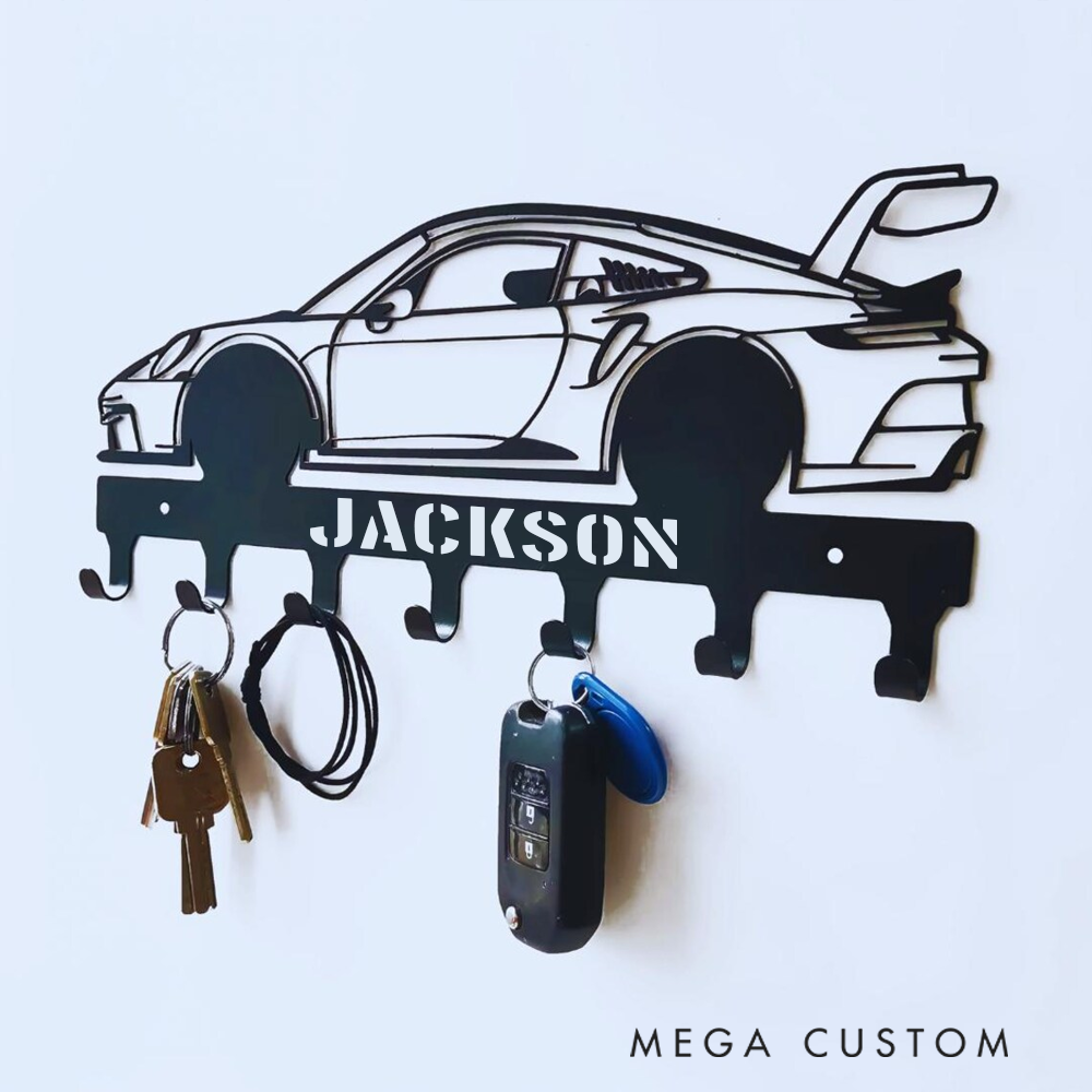 Personalized Metal Car Wall Hook Custom Key and Accessory Organizer Gift for Racer Vehicle Lover