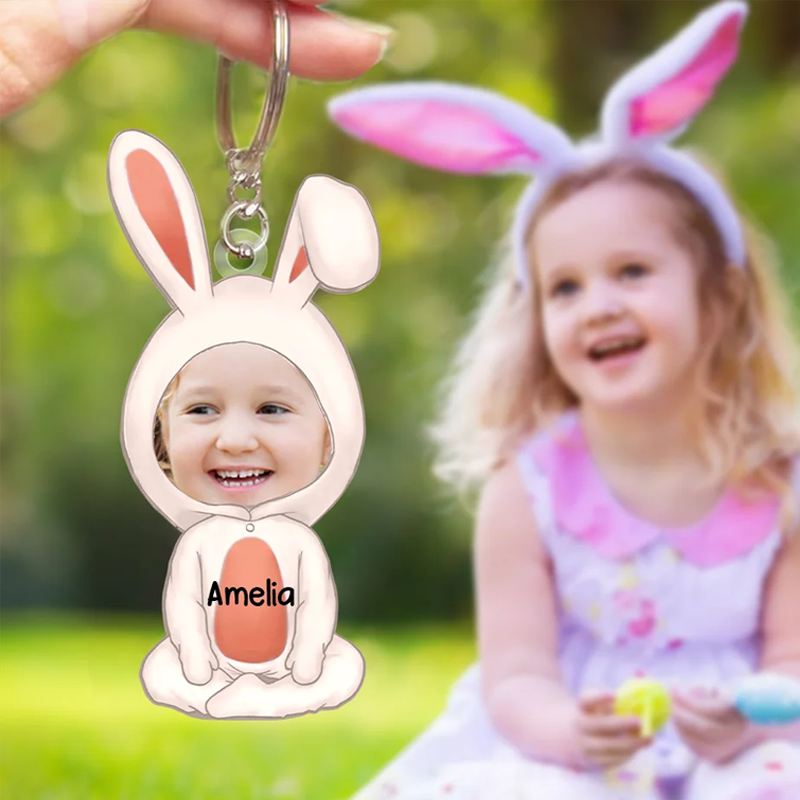 Personalized Multicolor Easter Bunny Cartoon Character Face Photo Acrylic Keychain with Name Easter Birthday Gift for Kids