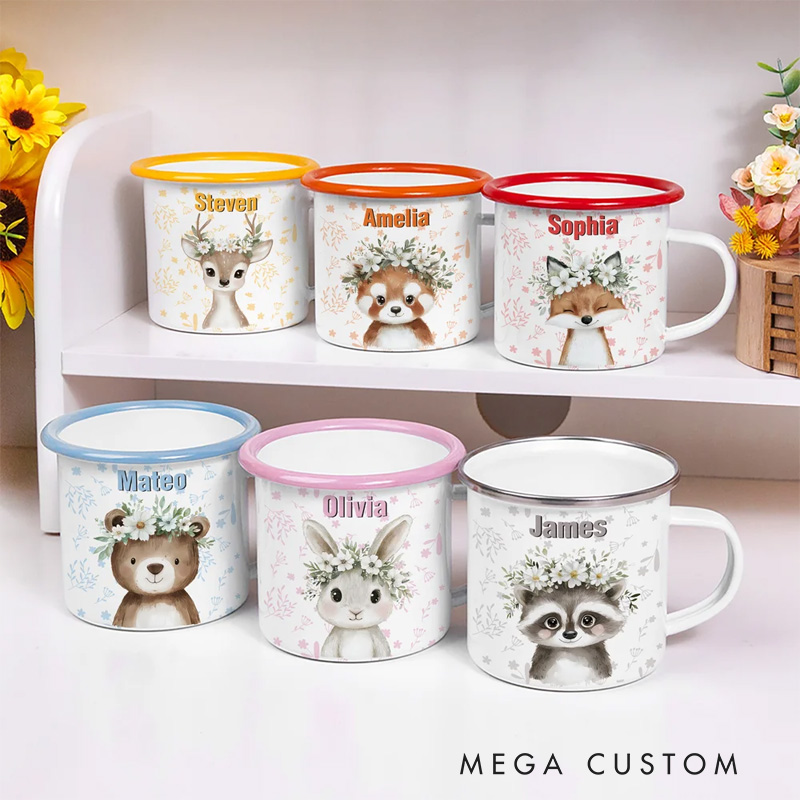 Personalized Cartoon Wreath Deer Bear Animals 12 oz Colored Rim Enamel Mug with Name Daily Use Christmas Birthday Gift for Boys and Girls