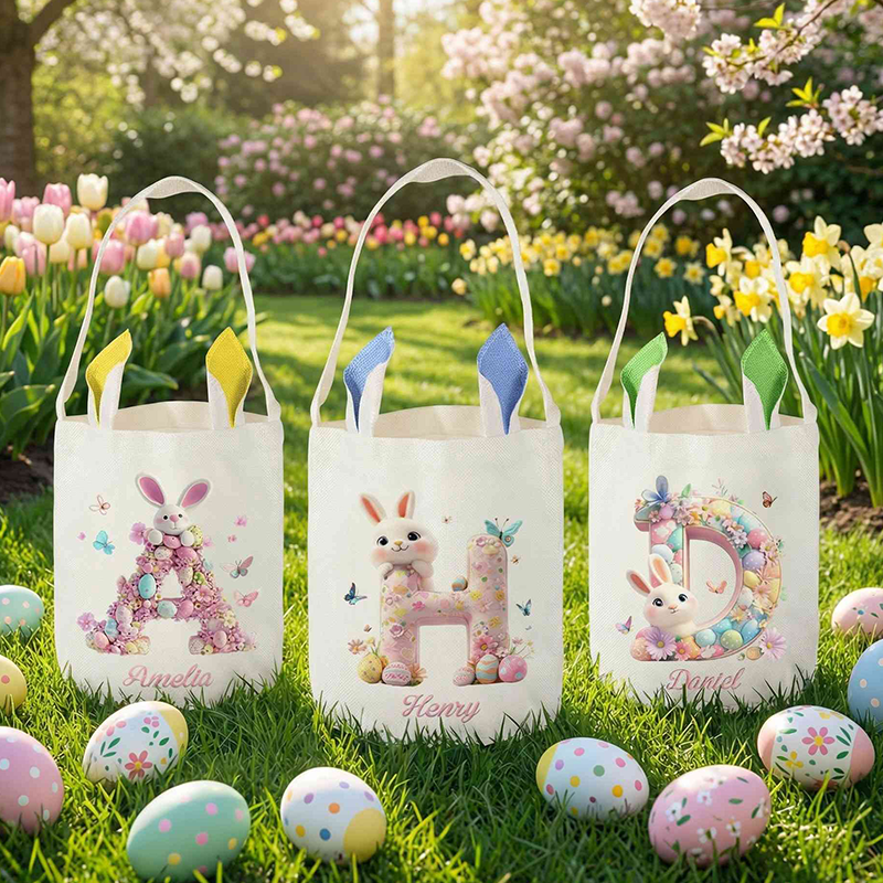 Personalized Name Rabbit Easter Eggs 3D Pink Alphabet Bucket Bag with Bunny Ears Cotton Linen Easter Egg Hunt Basket Easter Gift for Kids Boys Girls