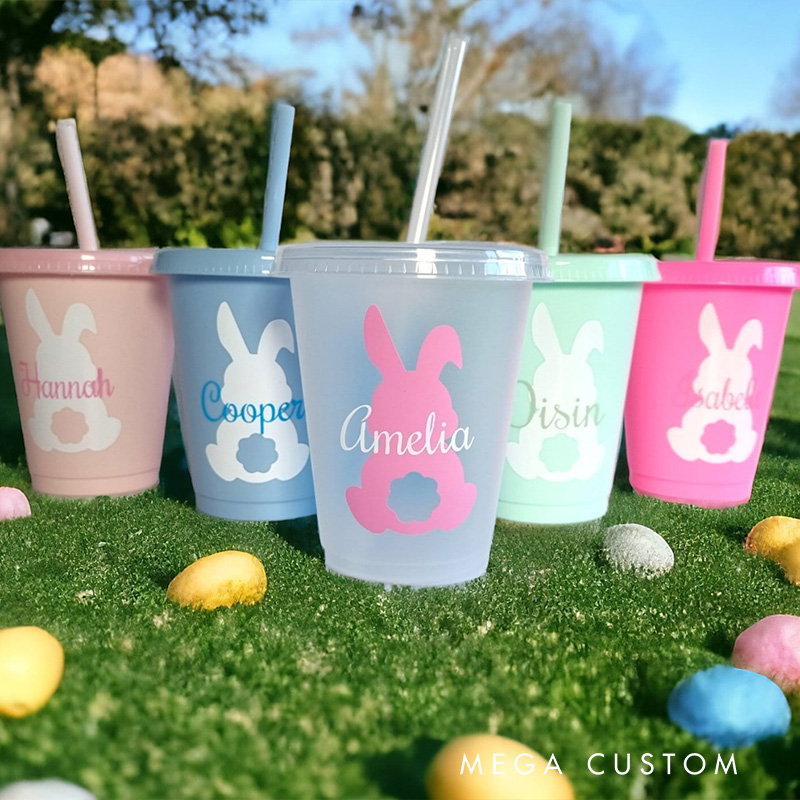 Personalized Easter Bunny Name Cup Cute Pastel Holiday Gift for Kids Spring Party Favor Children's cup with straw