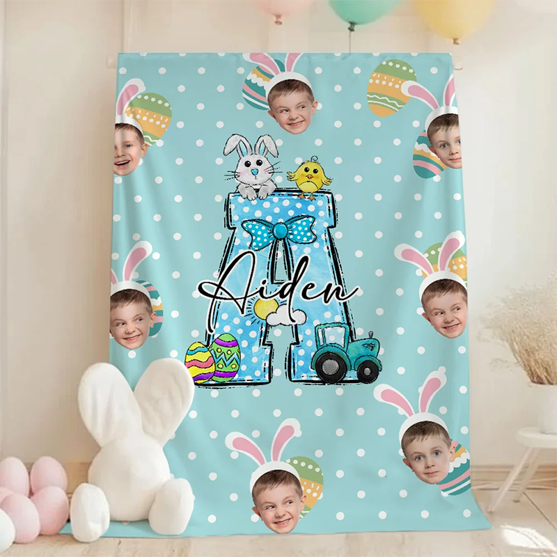 Personalized Face Photos Easter Bunny Alphabet Blanket Polka Dot Blanket with Name Initial Flannel Sherpa Soft Bed Couch Throw Easter Gift for Kids