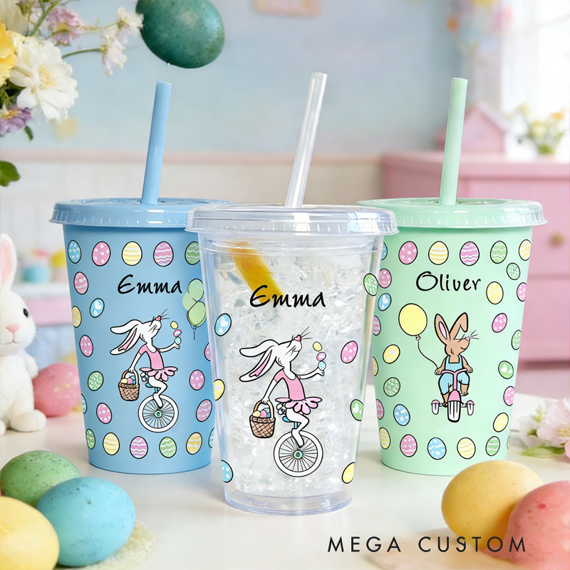 Personalized Easter Bunny Name Cup Cute Spring Egg Pattern Gift for Kids Holiday Celebration Children's cup with straw